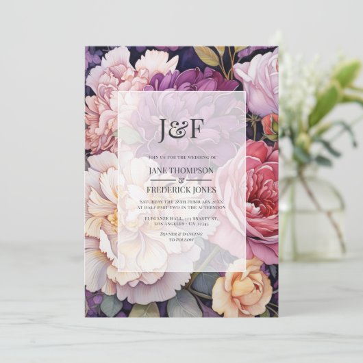 Invitation Monogramme Mariage floral mauve et champagne (Debout devant)