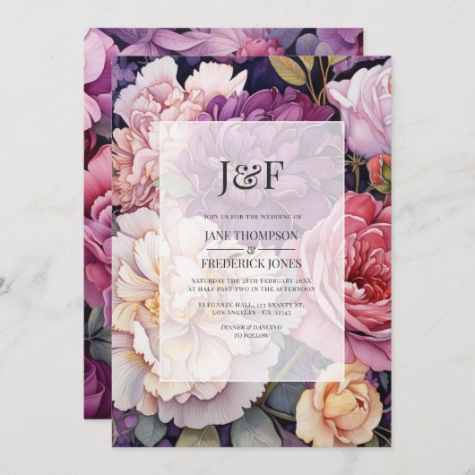 Invitation Monogramme Mariage floral mauve et champagne (Devant / Derrière)