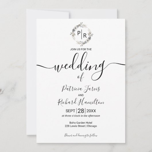 Invitation Monogramme Mariage Floral Moderne Calligraphie (Devant)