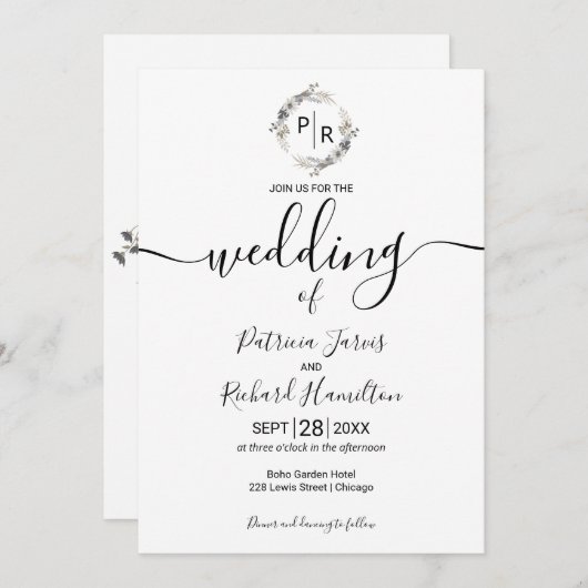 Invitation Monogramme Mariage Floral Moderne Calligraphie (Devant / Derrière)