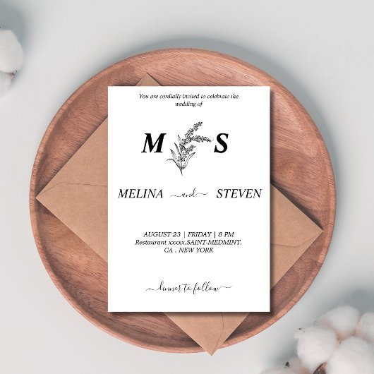 Invitation Monogramme mariage floral noir et blanc