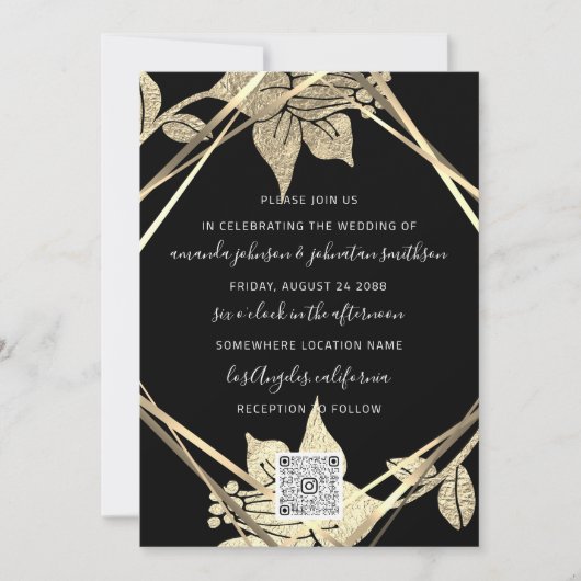 Invitation Monogramme mariage Florals Faux Gold Frame QR (Devant)