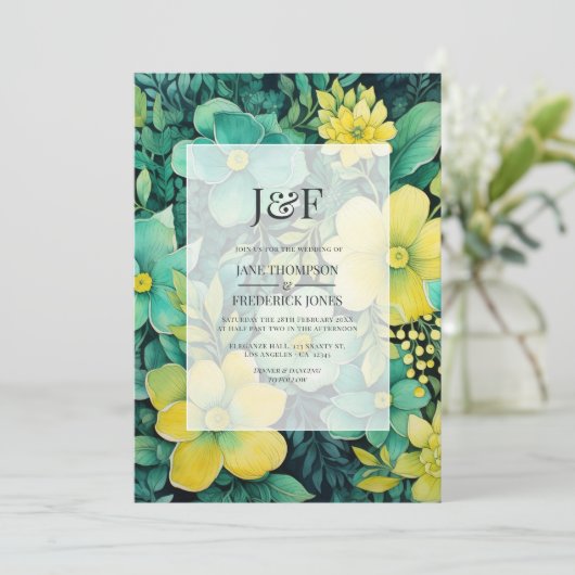 Invitation Monogramme Mariage jaune et vert (Debout devant)