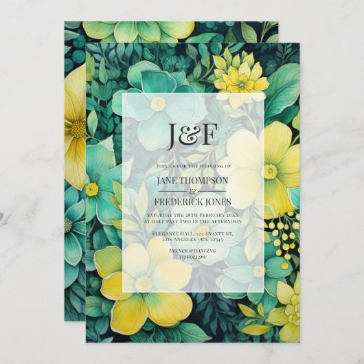 Invitation Monogramme Mariage jaune et vert (Devant / Derrière)