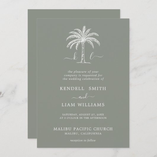 Invitation Monogramme Mariage Logo Palm Tree (Devant / Derrière)