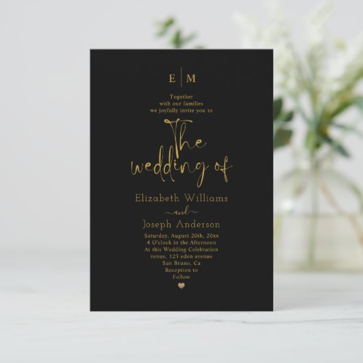Invitation Monogramme mariage or et noir (Debout devant)