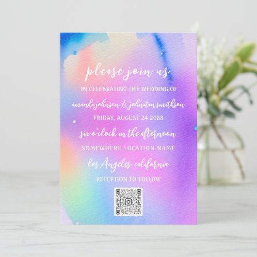 Invitation Monogramme mariage QR Code Holographique rose (Debout devant)