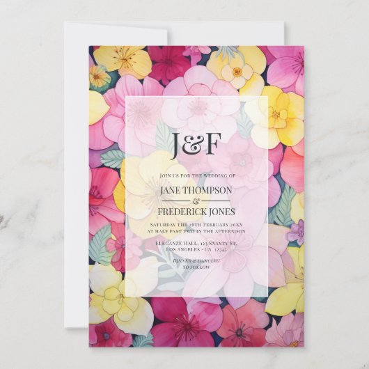 Invitation Monogramme Mariage rose et citron (Devant)