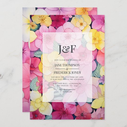 Invitation Monogramme Mariage rose et citron (Devant / Derrière)