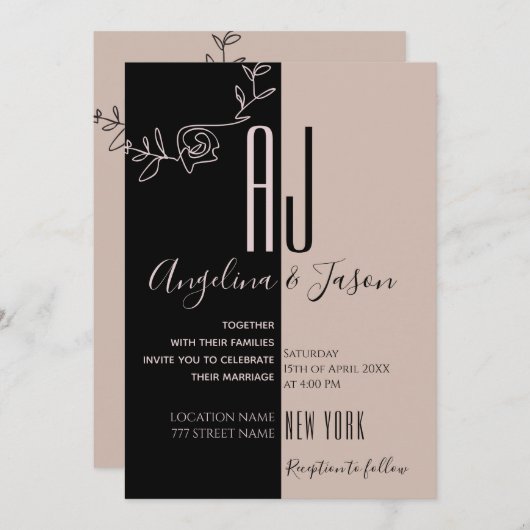 Invitation Monogramme Mariage rose et noir (Devant / Derrière)