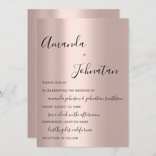 Invitation Monogramme mariage simple Rose Or (Devant / Derrière)