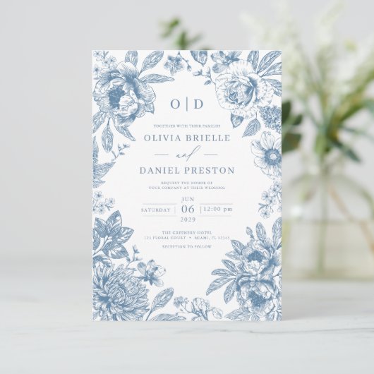 Invitation Monogramme Mariage victorien bleu Dusty (Debout devant)