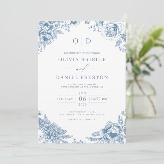 Invitation Monogramme Mariage victorien bleu Dusty (Debout devant)