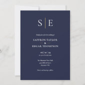 Invitation Monogramme Marine Bleu Et Or Code QR Mariage (Devant)