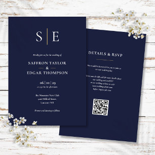 Invitation Monogramme Marine Bleu Et Or Code QR Mariage