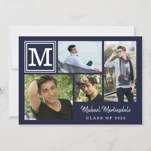 Invitation Monogramme Marine Bleue 4-Photo Graduation Party (Devant)