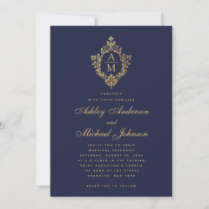 Invitation Monogramme Marine Blue Faux Gold Vintage Crest Mar