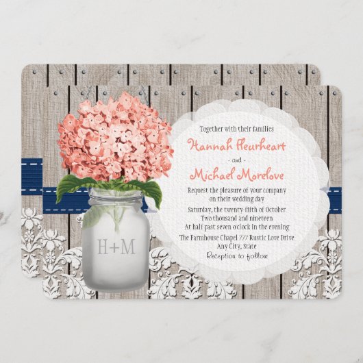 Invitation Monogramme Mason Jar Coral Navy Hydrangea Mariage (Devant / Derrière)