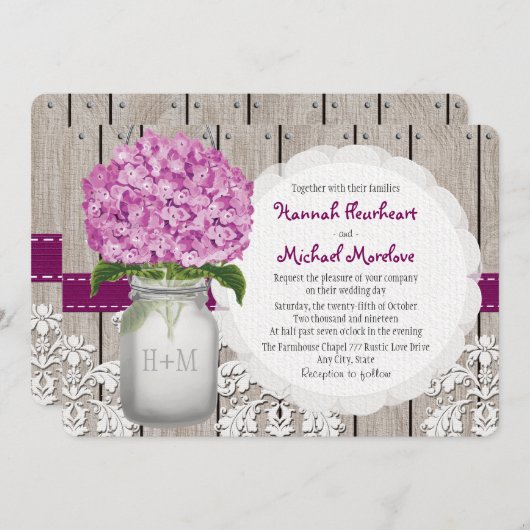 Invitation Monogramme Mason Jar Plum Hydrangea Mariage (Devant / Derrière)