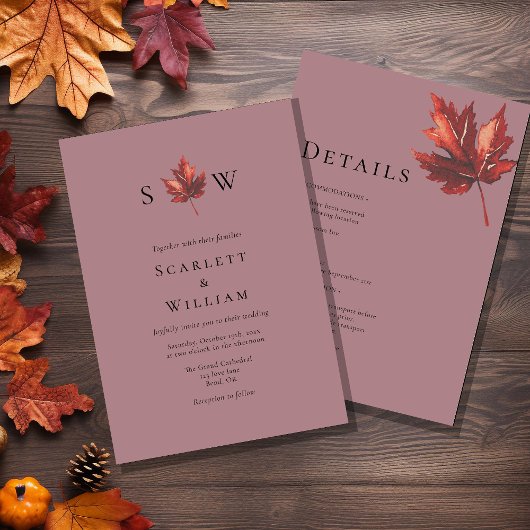 Invitation Monogramme Mauve Feuille Automne Simple Tout en un
