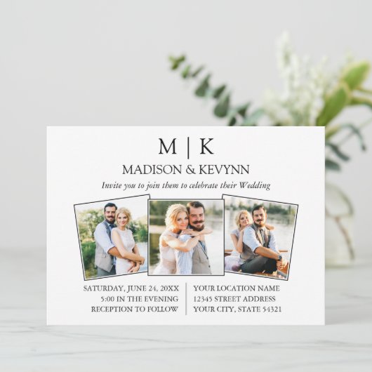 Invitation Monogramme minimal 3 photo Code QR Mariage (Debout devant)