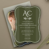 Invitation Monogramme minimal Mariage photo vert d'olive rayé