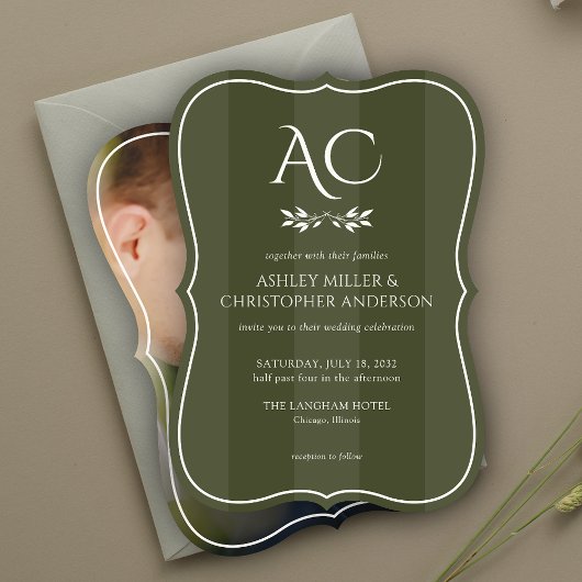 Invitation Monogramme minimal Mariage photo vert d'olive rayé