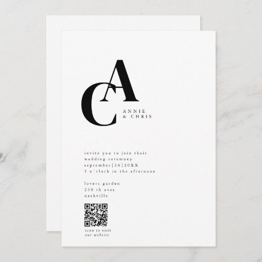 Invitation Monogramme, minimal, moderne, code QR, (Devant / Derrière)