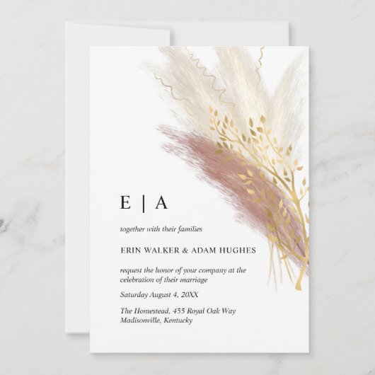 Invitation Monogramme minimaliste Boho rose or Pampas Grass (Devant)
