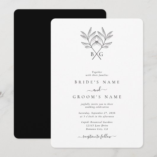 Invitation Monogramme minimaliste botanique rustique Mariage (Devant / Derrière)