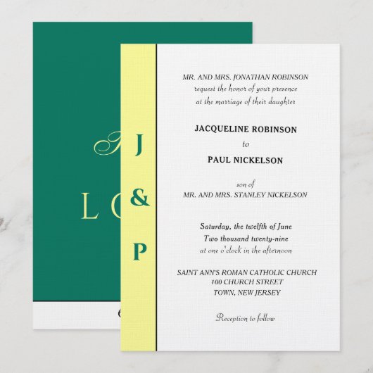 Invitation Monogramme minimaliste jaune vert tropical (Devant / Derrière)
