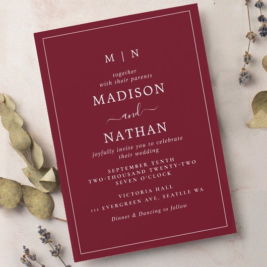 Invitation Monogramme minimaliste Mariage rouge canneberge