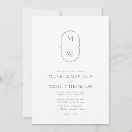 Invitation Monogramme minimaliste Mariage vert (Devant)