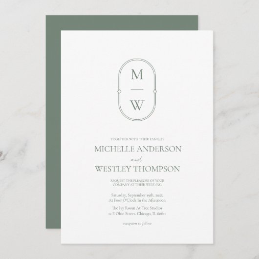 Invitation Monogramme minimaliste Mariage vert (Devant / Derrière)