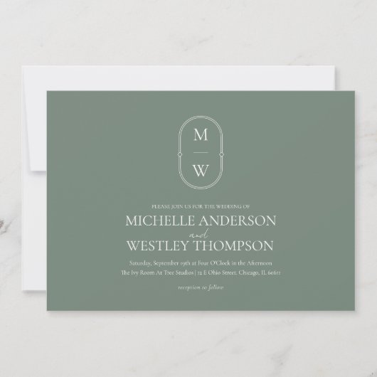 Invitation Monogramme minimaliste Mariage vert (Devant)