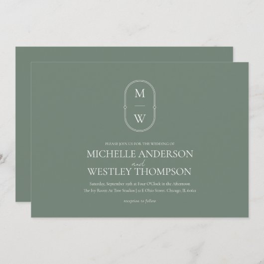 Invitation Monogramme minimaliste Mariage vert (Devant / Derrière)
