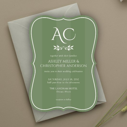 Invitation Monogramme minimaliste Mariage vert rayé