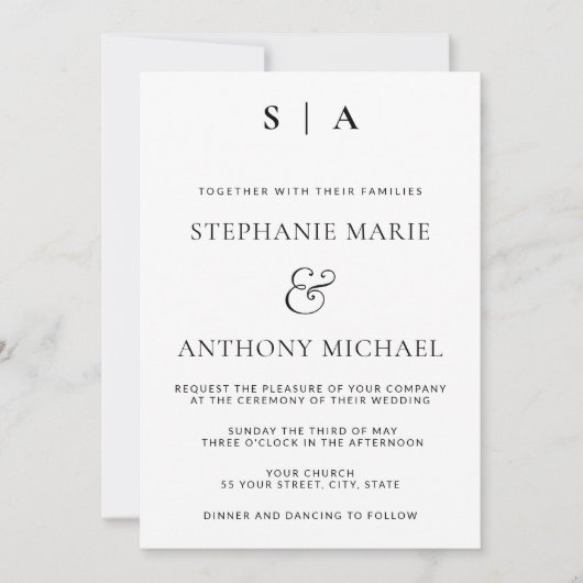 Invitation Monogramme minimaliste moderne Mariage noir et bla (Devant)