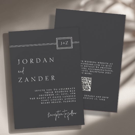 Invitation Monogramme minimaliste noir moderne Mariage QR Cod