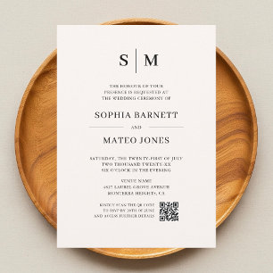 Invitation Monogramme minimaliste photo ivoire QR Code Mariag