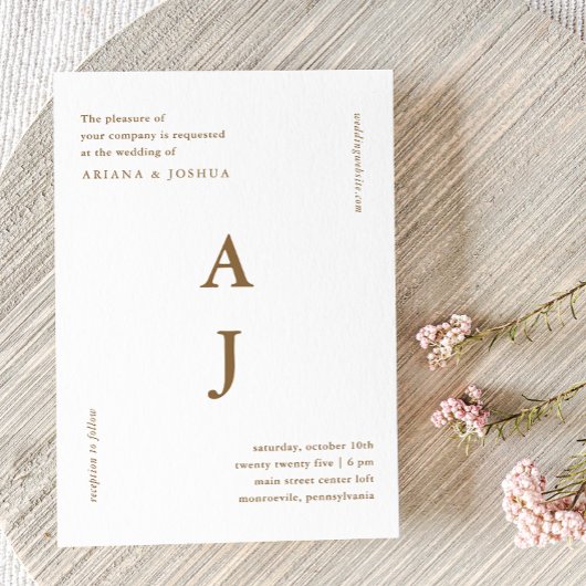 Invitation Monogramme minimum Brown Mariage  doré