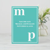 Invitation Monogramme minuscule tendance Turquoise Save the D (Debout devant)