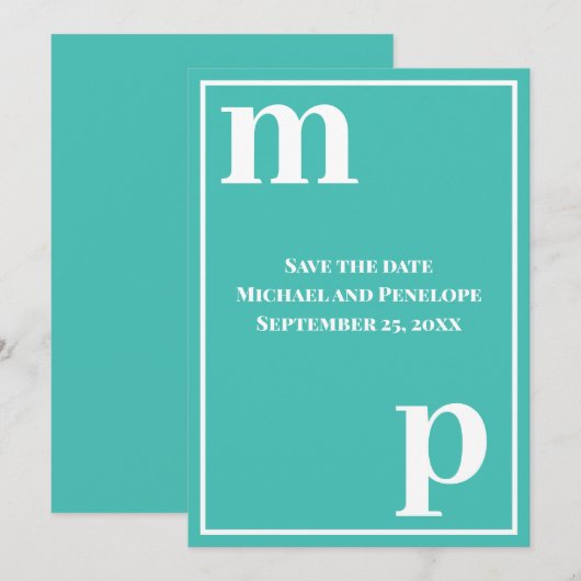 Invitation Monogramme minuscule tendance Turquoise Save the D (Devant / Derrière)