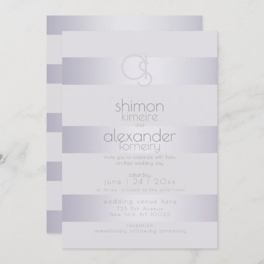 Invitation Monogramme moderne |Bandes Shimmer Argent Violet (Devant / Derrière)