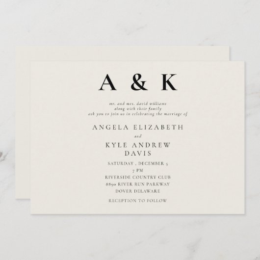 Invitation Monogramme moderne Beige Mariage horizontal modern (Devant / Derrière)