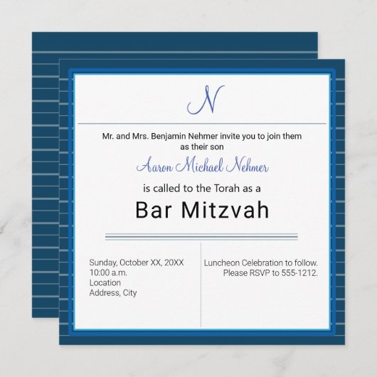 Invitation Monogramme moderne Bleu Barre Mitzvah (Devant / Derrière)