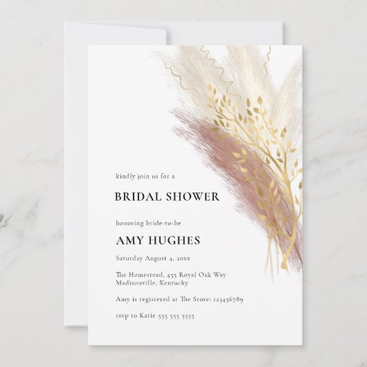 Invitation Monogramme moderne Boho rose or Pampas Gris (Devant)