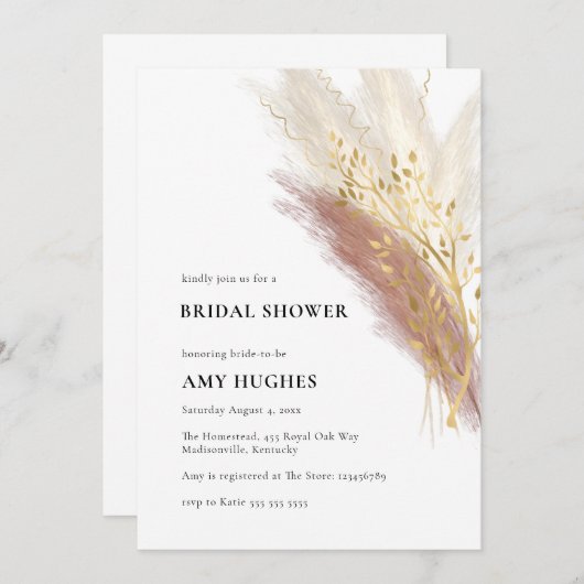 Invitation Monogramme moderne Boho rose or Pampas Gris (Devant / Derrière)