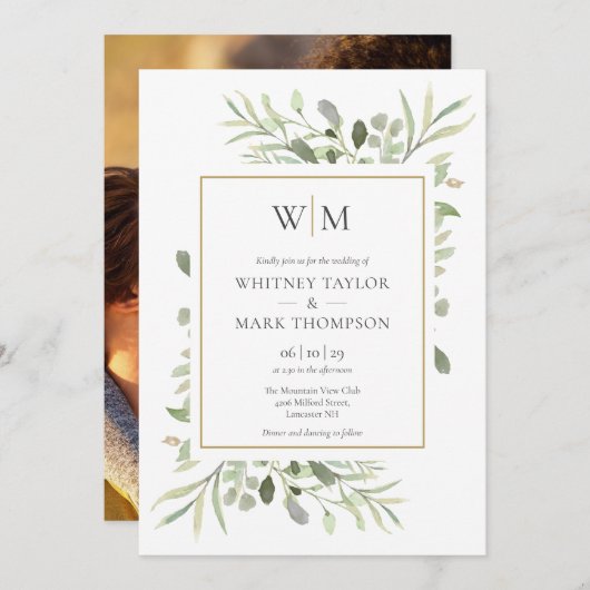 Invitation Monogramme moderne Botanical Greenery Mariage phot