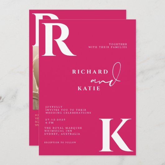 Invitation Monogramme moderne brillant rose (Devant / Derrière)